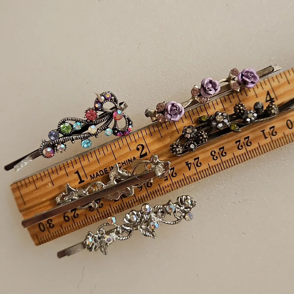 Set of 5 Multicolor Mixed Media Floral Rhinestone hair pins Special Occasion